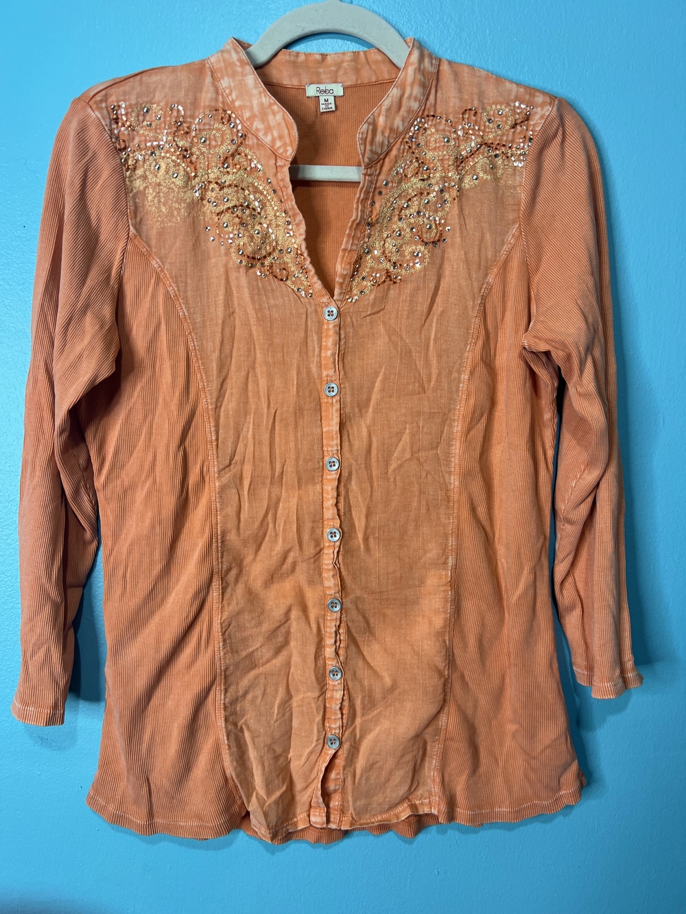Reba Orange Embellished Button-Front Shirt
